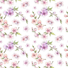 Fototapeta na wymiar Spring cherry, sakura, almond, apple, peach tree blossom watercolor botanical seamless pattern. Pink-stained, pastel-colored floral background for wallpaper, gift wrapping paper, textile design. 