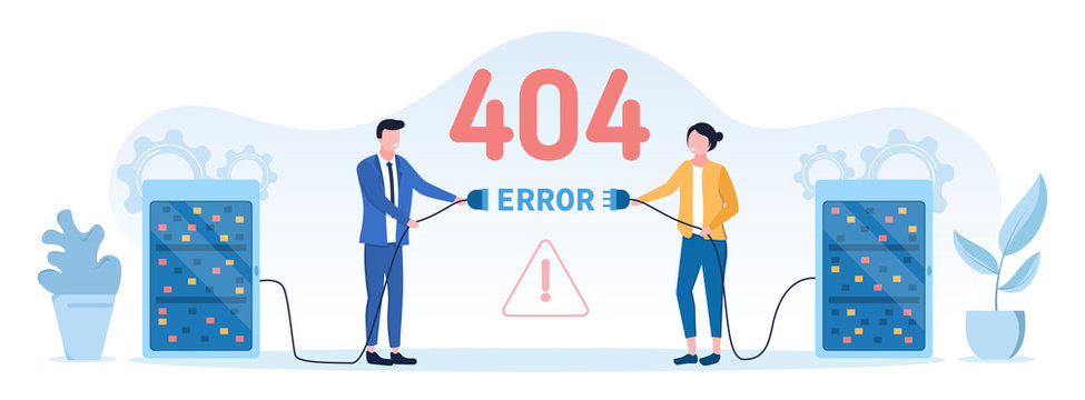 404 Internet Web Page Error - Not Found Concept With Two Servers With A Broken Cable Between Held By A Man And Woman With Text And Exclamation Warning Icon, Vector Illustration