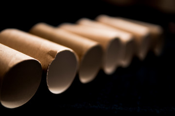 Empty toilet paper rolls lined up on a dark background