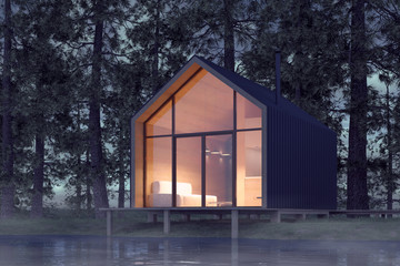 Secluded tiny house on the sandy shore of a lake with fog in a coniferous forest in the cold night light and with warm light from the Windows. Stock 3D illustration