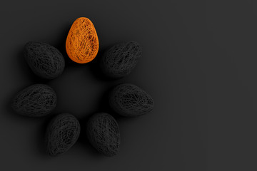 Easter concert. Several eggs woven from many thin threads painted in bright colors lie on a plain dark background laid out in the form of a circle with a copy space. 3D illustration