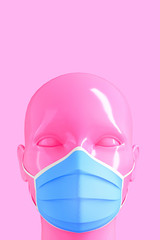 Medical concept, prohibition of freedom of speech. Women's shiny fashionable head in a medical mask colored on a light background in pastel colors. 3D stock illustration.