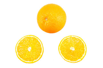 The orange and orange slices isolated on the white background