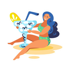 Young smiling girl with blue hair and green swimming suit with cocktail sitting on the beach. Summer seaside beach pool party. Flat colourful vector illustration icon sticker isolated on background