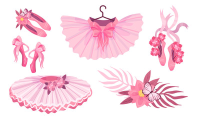 Pink Accessories for Ballet with Ballet Skirt and Ballet Shoes Vector Set - obrazy, fototapety, plakaty