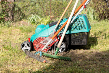 Various garden tools for lawn care in the home garden