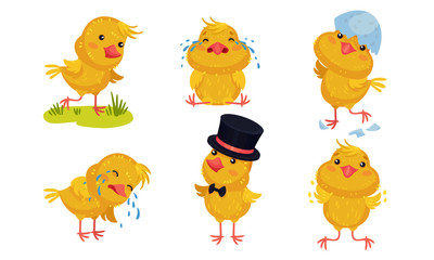 Cartoon Chicken Character Crying and Wearing Top Hat Vector Set