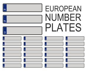 European car number plates set with EU symbol isolated on white background. Vector illustration