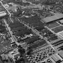 Leiden, Holland, July 17 - 1978: Historical black and white aerial photo of Leiden with the Meelfabiek and Zeeheldenbuurt