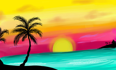 Illustration - sunset on a tropical beach. flat style nature landscape, seascape, palm tree. Evening beach.