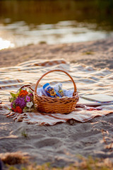 basket with food and flowers