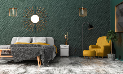 Stylish bedroom in green and grey tones and yellow, copper, gold accents - armchair and blanket on...