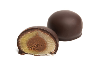 round chocolate candies with marzipan filling
