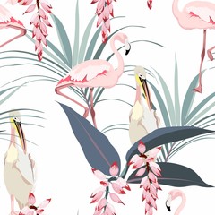 Tropical vintage palm leaves and plants, exotic flowers, pelican flamingo floral seamless pattern, white background. Exotic jungle bird wallpaper, mint colors.