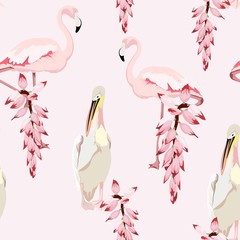 Tropical vintage exotic flowers, pelican flamingo floral seamless pattern, pink background. Exotic jungle bird wallpaper.