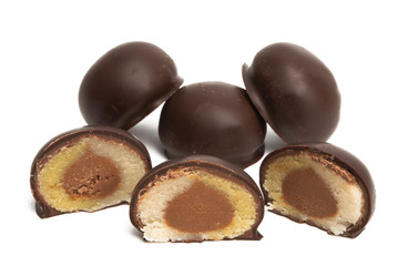 round chocolate candies with marzipan filling