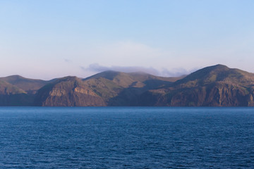 View on a Kunashir island with volcano Tyatya from the sea