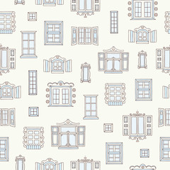 Vector Vintage Hand Drawn Old Town Windows seamless pattern background.