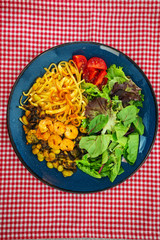 Pasta with Shrimps Dinner Dish on a the table