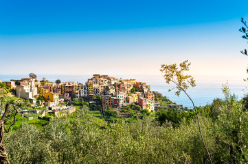 Corniglia, Cinque Terre - beautiful small village with colorful buildings on the cliff overlooking sea. Cinque Terre National Park with rugged coastline is famous tourist destination in Liguria, Italy