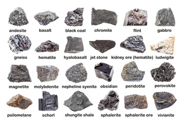 set of various dark unpolished rocks with names