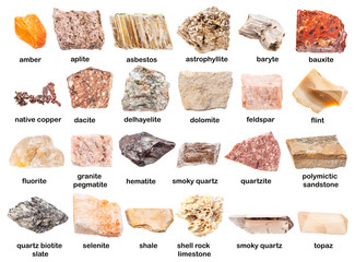 set of various unpolished minerals with names