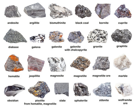 set of various gray unpolished minerals with names