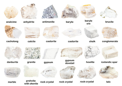 set of various unpolished white minerals with name