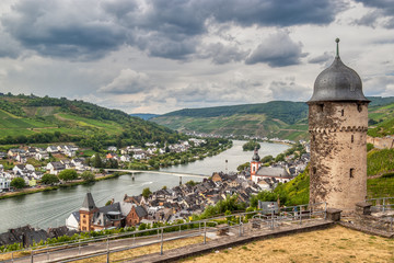 Landscape view of the two banks and the round tower above the vineyard village of Zel, the Moselle valley, Rhineland-Palatinate, Germany, 
