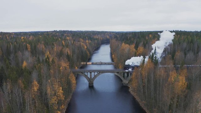 Aerial view retro steam train passing the bridge in forest. white steam is coming from the pipe