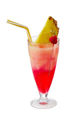 Sex on the Beach cocktail with ice cubes is contained in a milkshake glass with pineapple slice, a straw and a raspberry on the stick. The showy illustrative picture is made on the white backdrop.