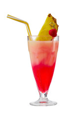 Sex on the Beach cocktail with ice cubes is contained in a milkshake glass with pineapple slice, a straw and a raspberry on the stick. The showy illustrative picture is made on the white backdrop.