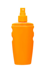 unlabel orange plastic bottle with spray of suntan cream front view on a white background.