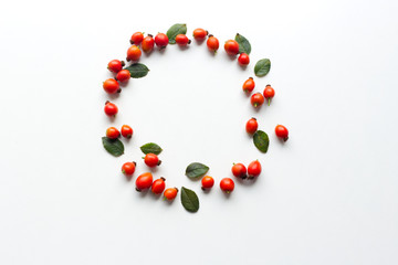 Autumn composition with red rose-hips on white table background. Fall, Halloween and Thanksgiving design. Flat lay, top view.