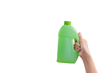 Hand holding Laundry detergent bottle isolated on white background