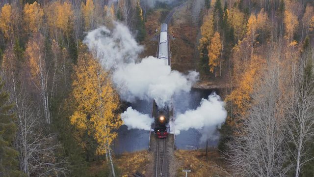 Retro steam train moving over the bridge in forest, aerial view