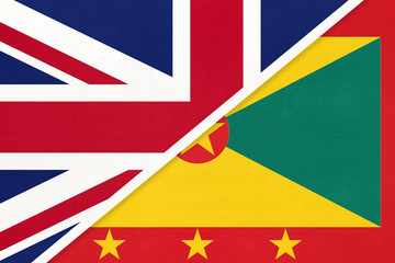 United Kingdom vs Grenada national flag from textile. Relationship between two european and american countries.