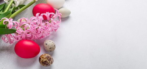 Spring composition. Easter eggs, pink and pink hyacinth on stone background. Horizontal banner. Copy space for text