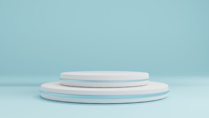 Empty white pedestal on a light blue background for product presentation. Advertise mock up template. Blank. 3d render illustration