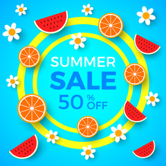 Summer sale banner with fruits and flowers. Vector illustration.