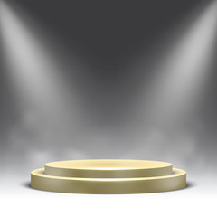 Empty round podium with spotlights and steam. Pedestal. Vector illustration.