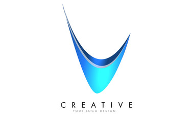 Creative V letter logo with Blue 3D bright Swashes. Blue Swoosh Icon Vector.