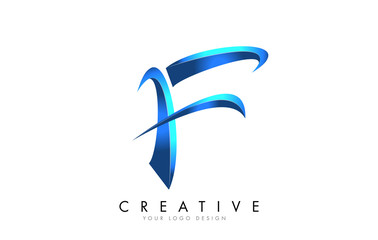 Creative F letter logo with Blue 3D bright Swashes. Blue Swoosh Icon Vector.