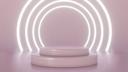 Obraz premium Minimalist rose pedestal for product presentation. Showcase empty mockup template. Pink background. Glow rings. 3d render illustration