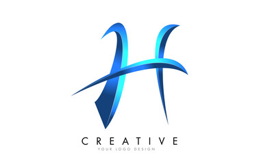 Creative H letter logo with Blue 3D bright Swashes. Blue Swoosh Icon Vector.