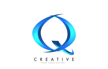 Creative Q letter logo with Blue 3D bright Swashes. Blue Swoosh Icon Vector.