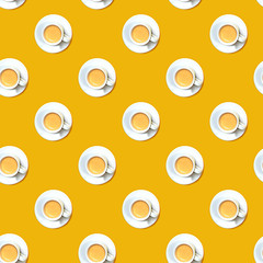 Pattern of white cup of coffee on yellow color background.