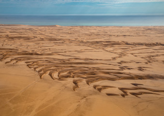 Aerial picture of the landscape of the Namib Desert and the Atlantic Ocean on the Skeleton Coast in western Namibia