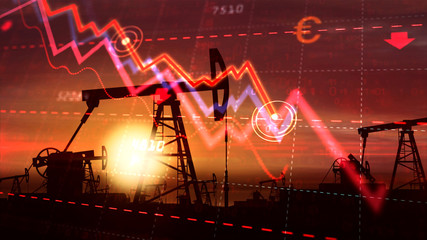 Oil crisis - chart down on oil pump - obrazy, fototapety, plakaty