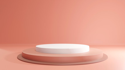 Minimal cylinder pedestal for product showcase and one spotlight. Stand product mockup. Pink salmon pastel color. Horizontal frame. 3d render illustration